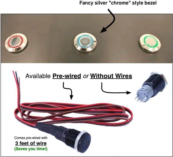 16mm Pre-Wired Blue LED Silver Vandal Switch for PC Power & Reset