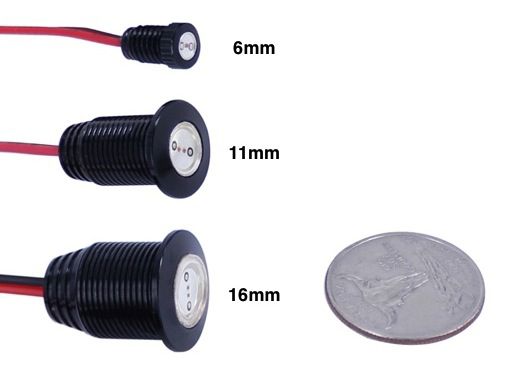 LED Bolt size comparison 6mm 11mm 16mm